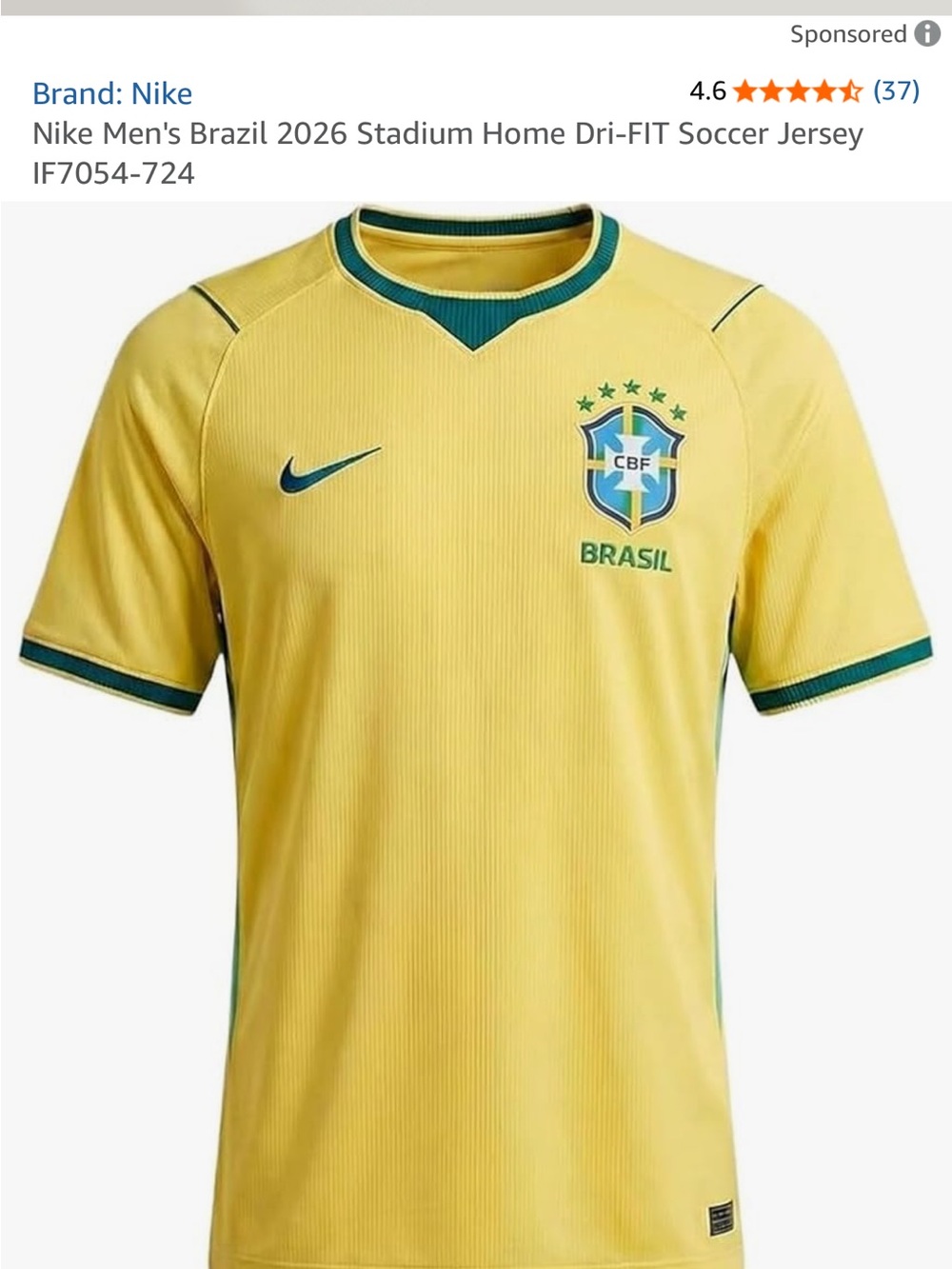 Nike Men’s Brazil Yellow Soccer Jersey with Green Accents